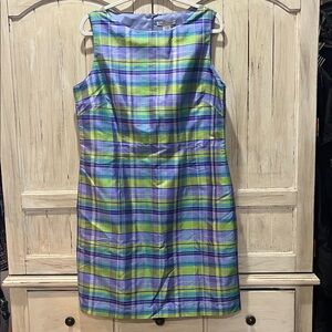 Vintage Silk Plaid Shift Dress Fully Lined Zipper Back Purple Green Aqua Sz 14